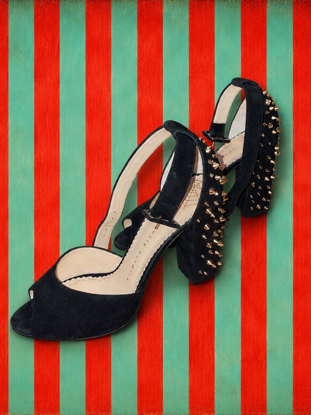 Charlotte Olympia Black Suede Studded Block Heel Sandal